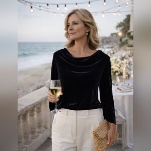 J Jill Womens M Black Cowl Neck Velvet Flowy Airy Feminine Elegant Blouse Luxury